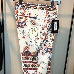 Multicolor floral and mosaic print white dress pants